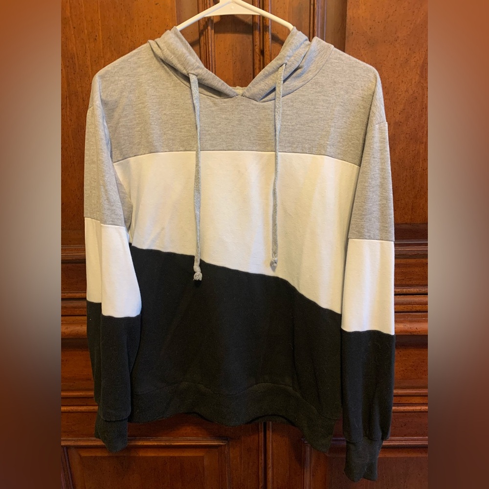 Grey White and Black Striped Colorblock Hoodie